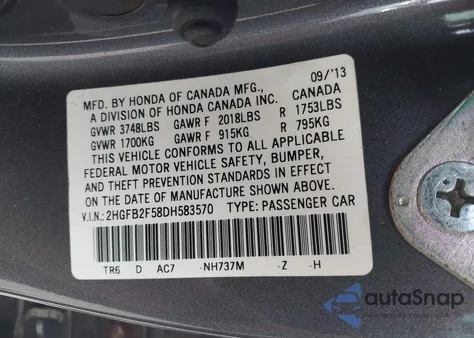 2013 Honda Civic Lx from USA, damaged, VIN 2HGFB2F58DH583570